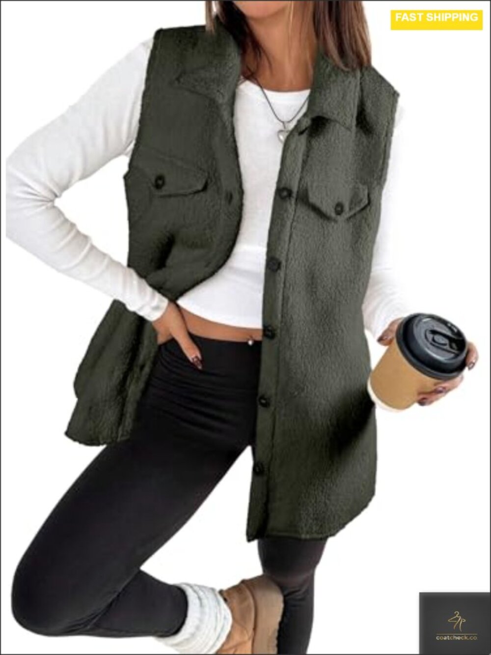 Women's Teddy Fleece Sleeveless Quilted Vest Button Front Flap Pockets